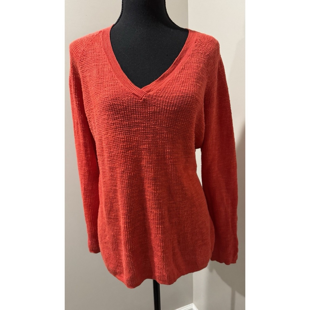 EILEEN FISHER Orange Linen Cotton Blend V Neck Textured Knit Sweater L‎